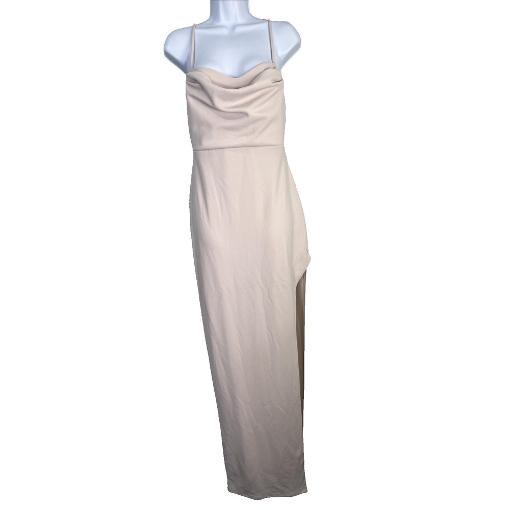 Windsor Maxi Dress Women L Champagne Cowl‎ Neck High Slit Spaghetti Strap Gala